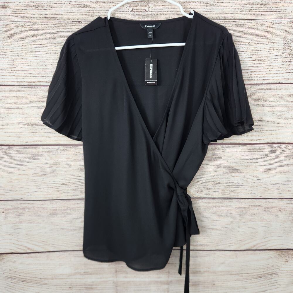 NWT Express Black Sheer Ruffle Sleeve Wrap Shirt Top Blouse Size Large